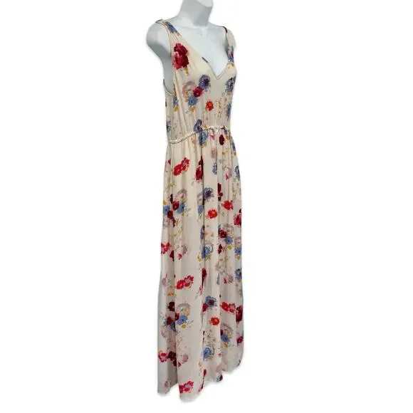 Lucky Brand Ivory Red Blue Floral Sleeveless Tie Waist V-Neck Maxi Dress size S - Picture 9 of 11